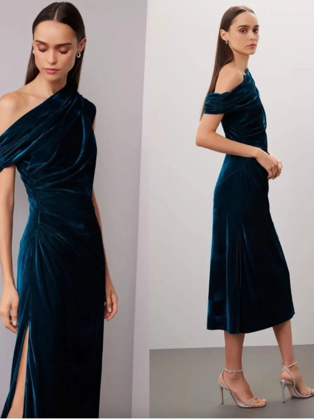 Shoshanna Grover blue green velvet one shoulder draped midi dress size 6 NWT - Picture 3 of 15